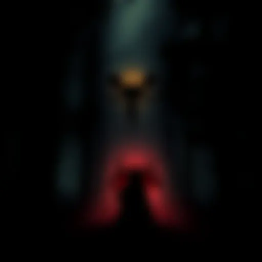 A silhouette of a figure standing in a dark forest with a shadowy presence of Beelzebub beside them, symbolizing a spiritual connection.