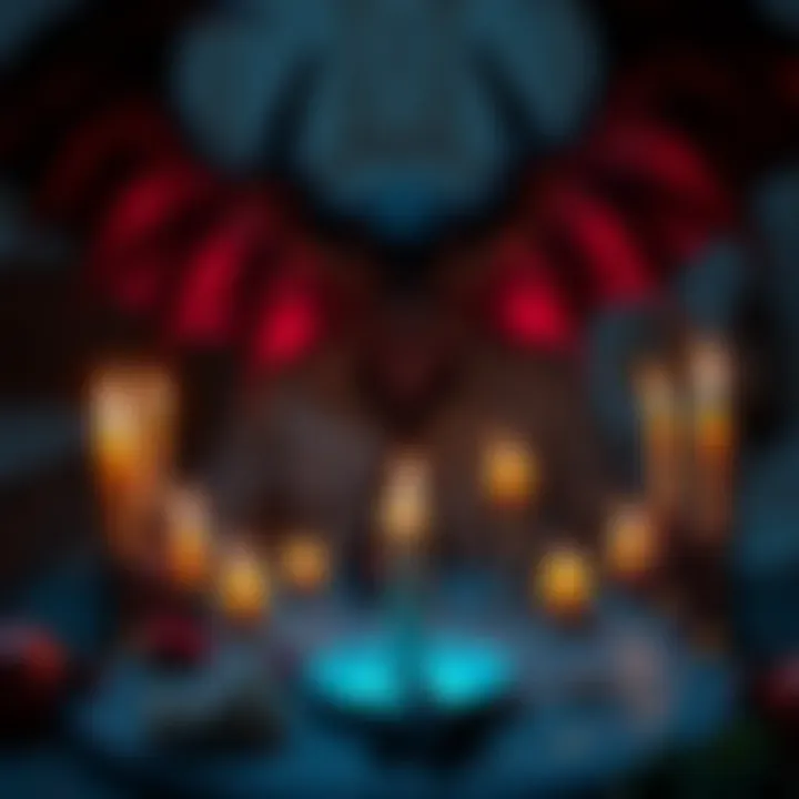 A person performing a ritual to invoke a demon, surrounded by candles and mystical symbols.