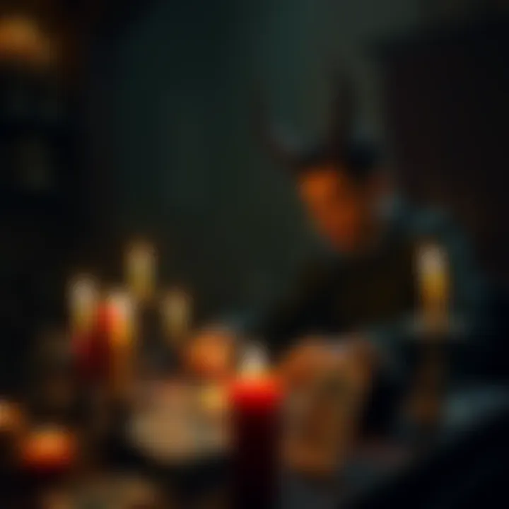 A person in a dimly lit room, surrounded by candles and tarot cards, focused on summoning a demon with a serious expression.
