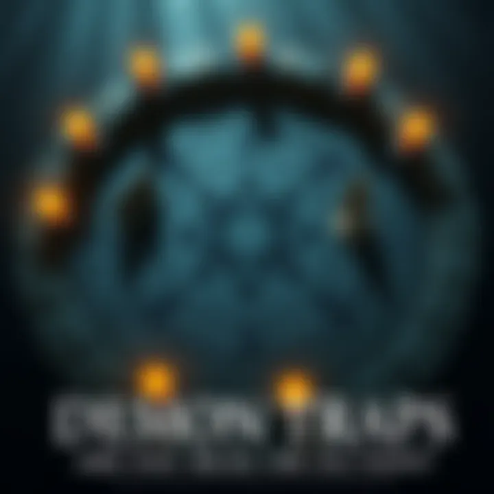 A circular demon trap drawn on a stone surface with symbols and candles around it, surrounded by darkness