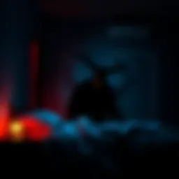 A shadowy figure with glowing eyes stands next to a bed in a dimly lit room, evoking fear and dread.