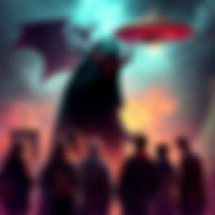 A shadowy figure resembling a demonic alien looms over a group of people discussing UFOs. The setting shows a mix of religious symbols and extraterrestrial themes, highlighting the conflict between fa...