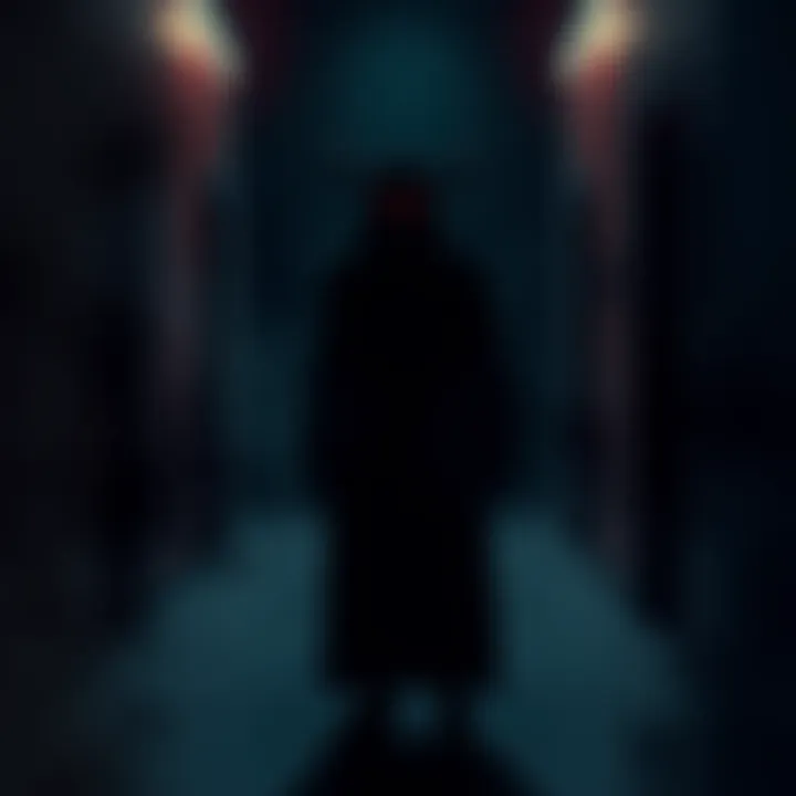 A shadowy figure with glowing eyes stands in a dark room, symbolizing hidden truths and deception.