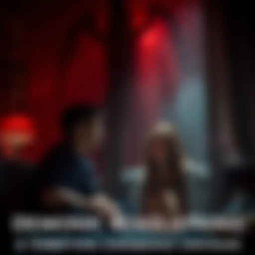 A shadowy figure looming over a distressed man while looking at his girlfriend, who appears lost and troubled. The room is dimly lit, creating a tense atmosphere.