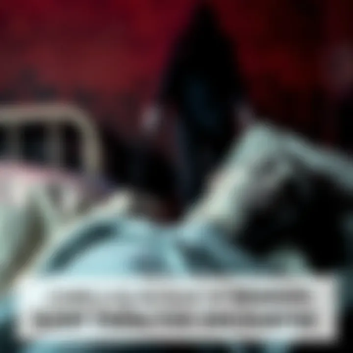 Demonic Sleep Paralysis Encounter A person lies in bed, wide-eyed and terrified, as a shadowy figure resembling an elderly woman looms over them, appearing menacing and otherworldly.