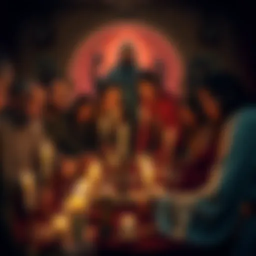 A group of people engaged in a ritual, focusing on spirits like Lucifer, Stolas, and Asmodeus, with candles and symbolic items around them.