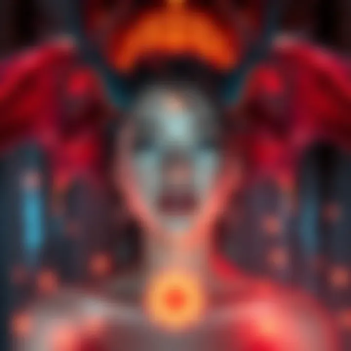 A mystical setting featuring a woman with ethereal beauty surrounded by glowing sigils representing demons, emphasizing the connection between spirits and attractiveness.