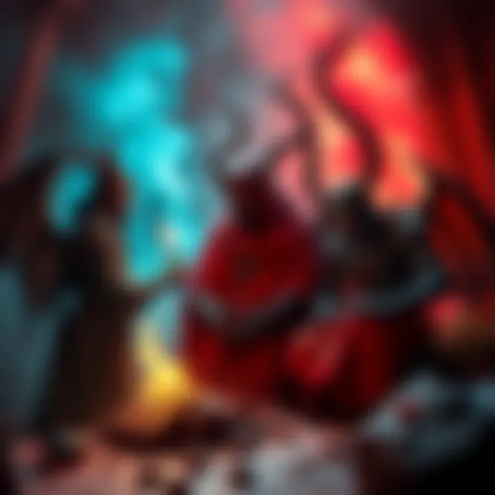 A depiction of Shahtan and Lucifer in a mystical setting, symbolizing the idea of providing unrequested assistance, with chocolate subtly featured in the scene, representing cravings.