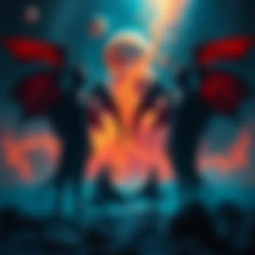 A depiction of shadowy figures representing demons surrounded by stars and planets, pondering the mysteries of the universe.