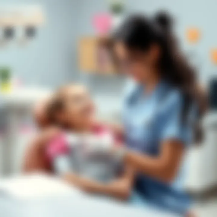 A smiling dental hygienist receives a compliment from a special needs teenage patient in a pediatric office setting.