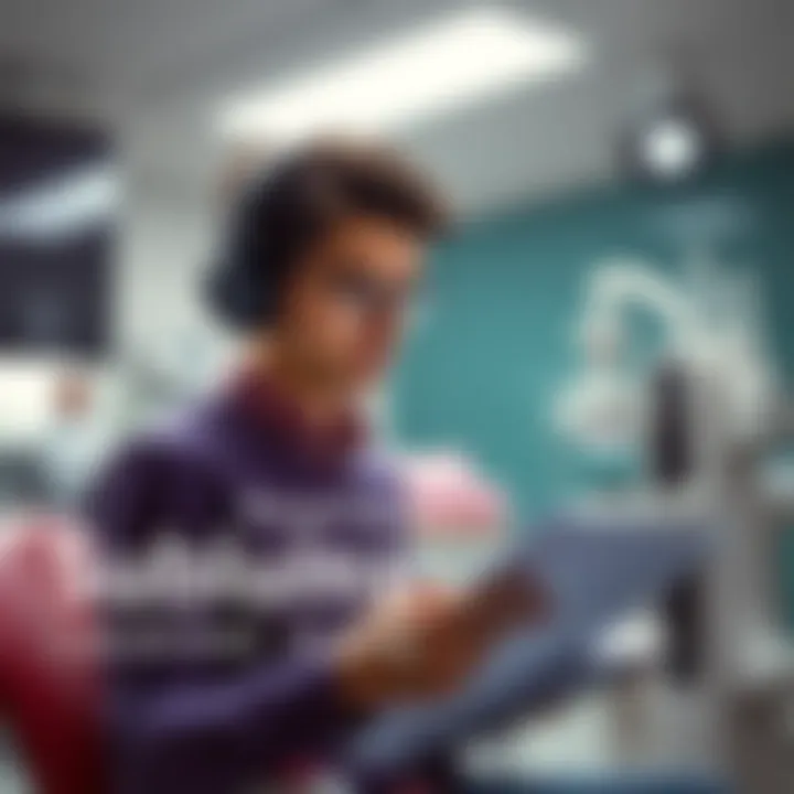 Dental Student with Headphones A dental student wearing headphones looks focused while reviewing notes in a clinic setting, symbolizing the use of subliminal audio for success.