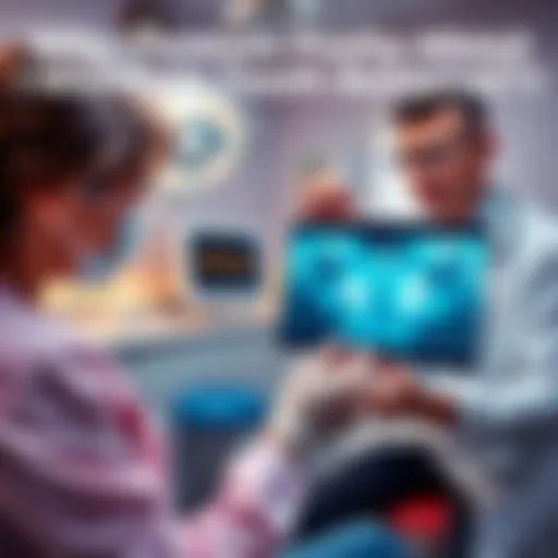 A dentist showing a patient an x-ray highlighting wisdom teeth in an office setting