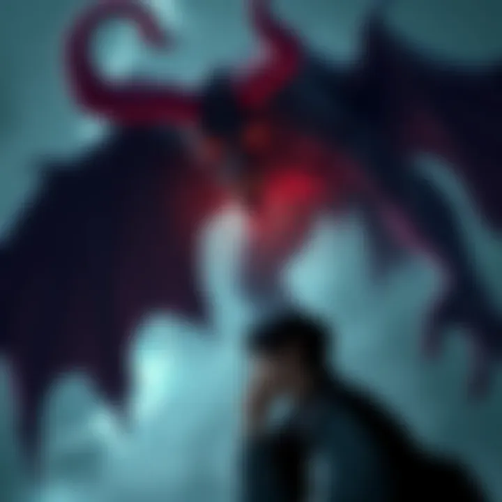 An artistic representation of an evil demon figure, symbolizing skepticism and philosophical inquiry, looming over a thinker contemplating reality.