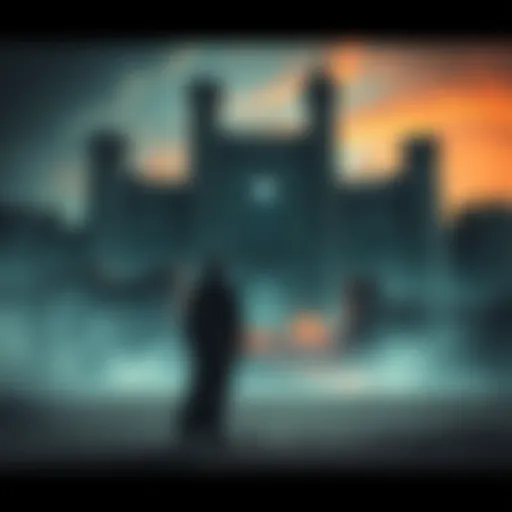 A dreamer stands before a dark, eerie fortress in a desert, with shadowy creatures lurking inside.