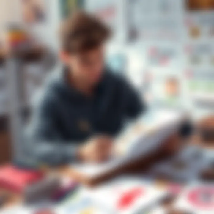 Graphic designer working on Hellenic Calendar A graphic design student sketches elements of the Hellenic Calendar, featuring symbols of ancient Greek holidays, with notes and references spread around.