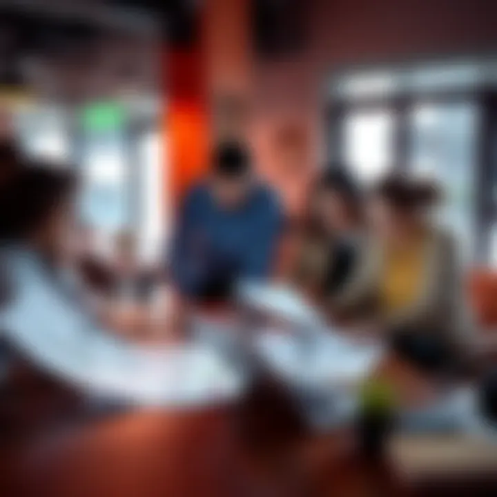 A group of designers discussing placement strategies with sketches and a laptop on a table