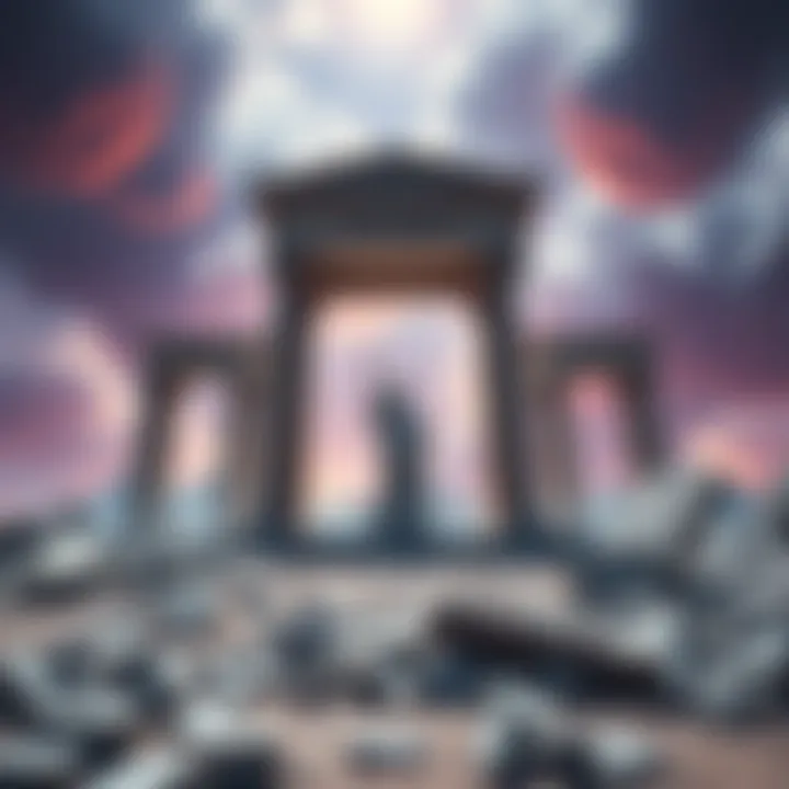Three altars representing Aphrodite, Apollo, and Hermes in ruins, symbolizing emotional conflict and beliefs.