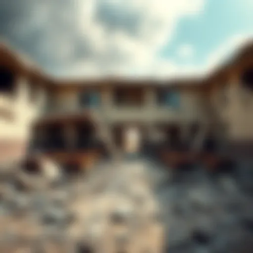 Destruction at Shajarah Tayyebeh School A devastated school building in Minab after an airstrike, with debris scattered and damaged classrooms visible.