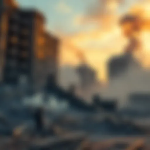 View of damaged buildings and debris in Kyiv, symbolizing the devastation caused by elites' actions, with smoke rising from the ruins.