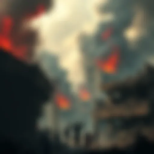 A scene depicting destruction in a war-torn area with people in distress, symbolizing crimes against humanity.