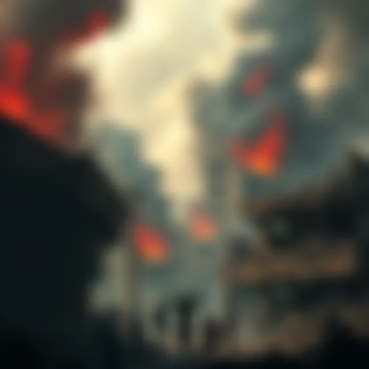 A scene depicting destruction in a war-torn area with people in distress, symbolizing crimes against humanity.
