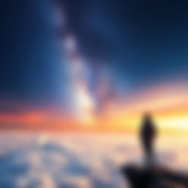 A person standing on a cliff, looking out over a vast sky filled with stars and clouds, symbolizing freedom from negative thoughts.