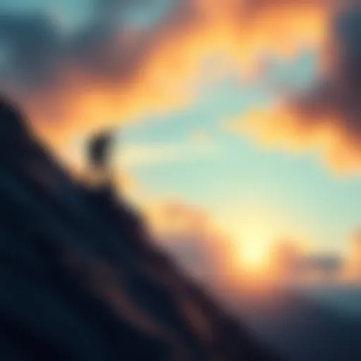 A determined individual climbing a steep mountain, symbolizing resilience and grit