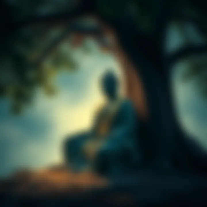 A depiction of Devadatta meditating under a tree, reflecting on his choices and karma in Buddhist teachings.