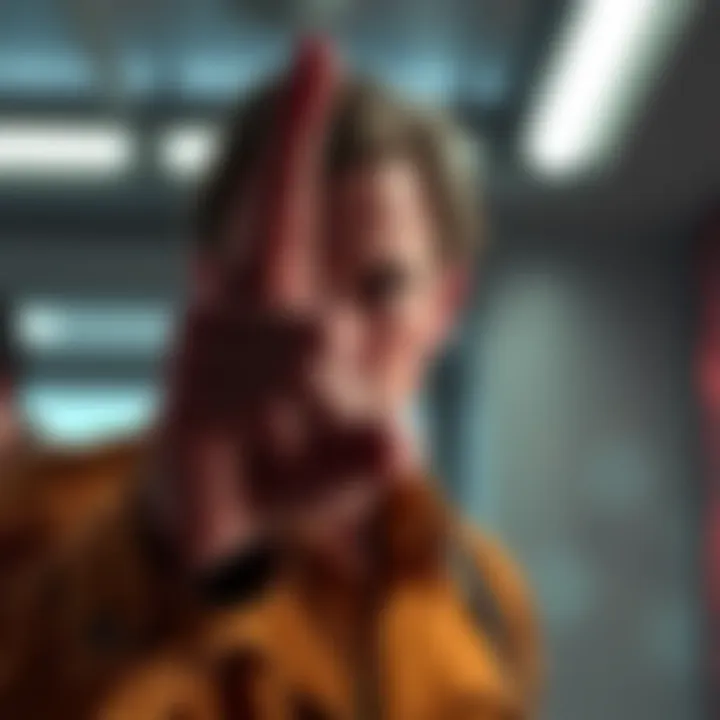 A character making the devil horns gesture in a movie scene, with dramatic lighting and a focused expression.