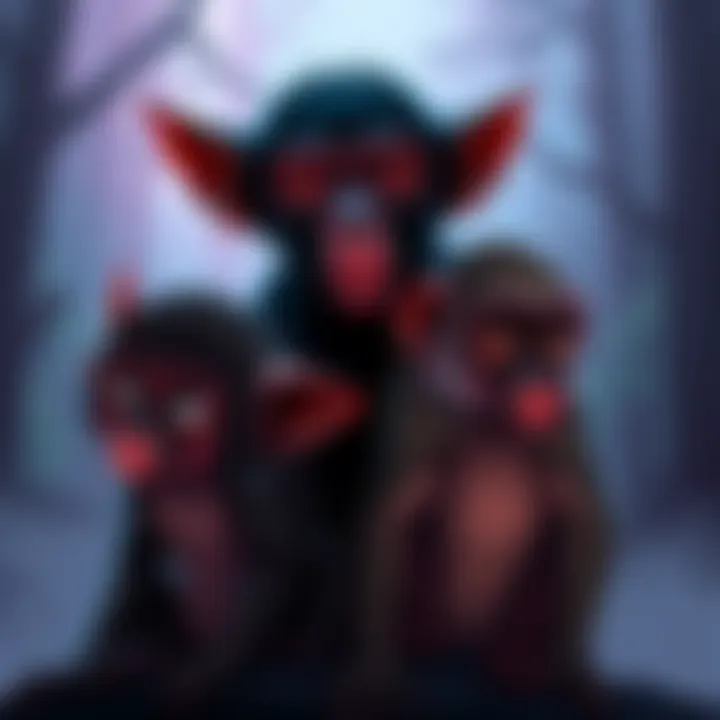 An illustration showing the Devil Monkey alongside Theropithecus Oswaldi and Dinopithecus, highlighting their unique features and characteristics.