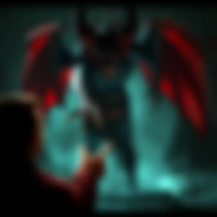 A dark figure resembling the devil extends a hand in a pact with a man in a surreal nightmare setting.