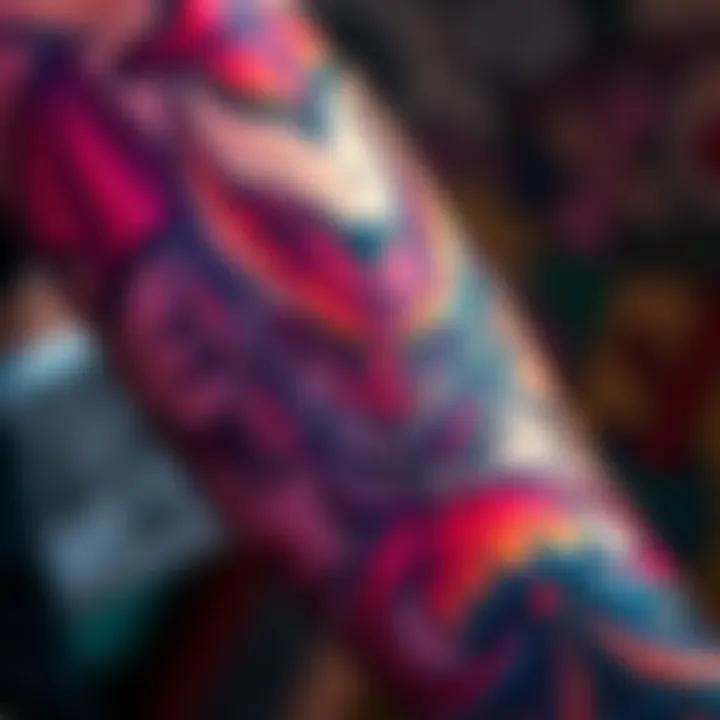 A close-up of a large, colorful devil tattoo on a person's forearm, showcasing intricate details and bold colors.