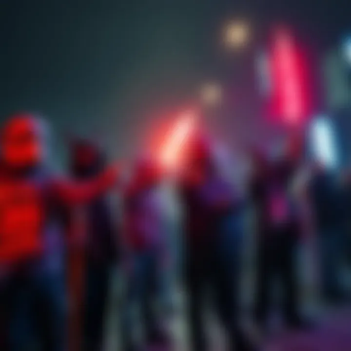 People with strange objects Group of individuals pointing unknown objects at bystanders, raising questions about their activities.