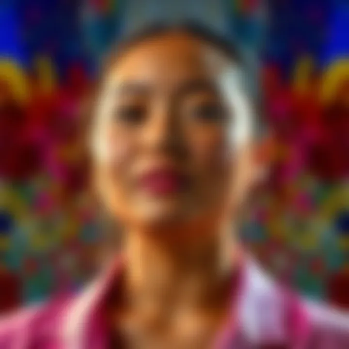 A portrait of Devon Aoki showcasing her transformation as a plus-size model and LGBTQ advocate, with a colorful background representing change and identity.