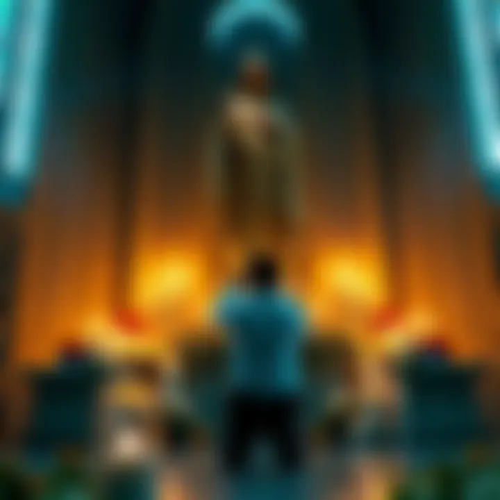 A devotee kneeling in prayer before a Santa Muerte statue, surrounded by candles and flowers, reflecting a moment of struggle and faith.