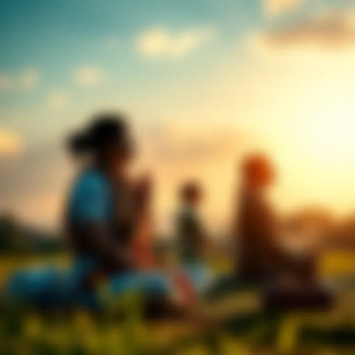 People engaged in meditation with a serene backdrop of nature, symbolizing devotion in Advaita Vedanta