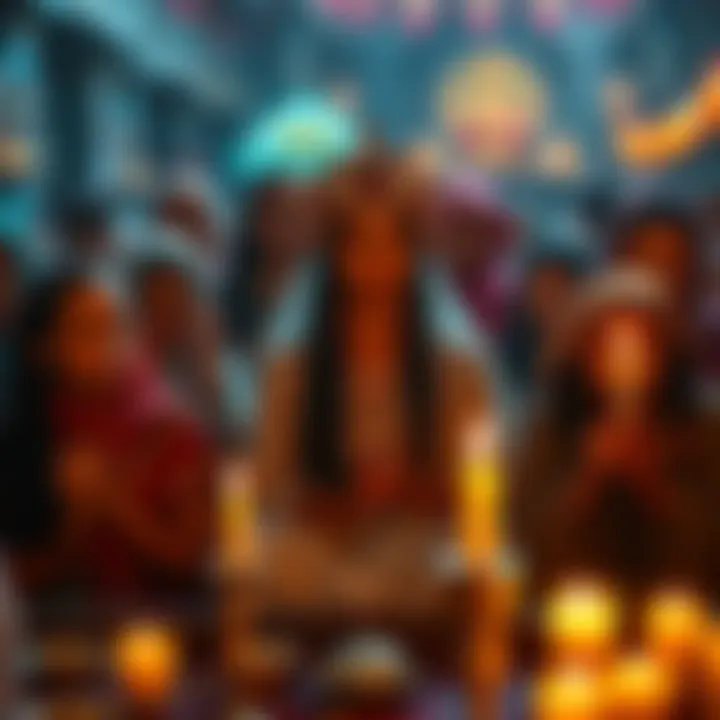A group of diverse individuals in prayer, showing deep devotion to a God or Goddess, with candles and offerings around them.