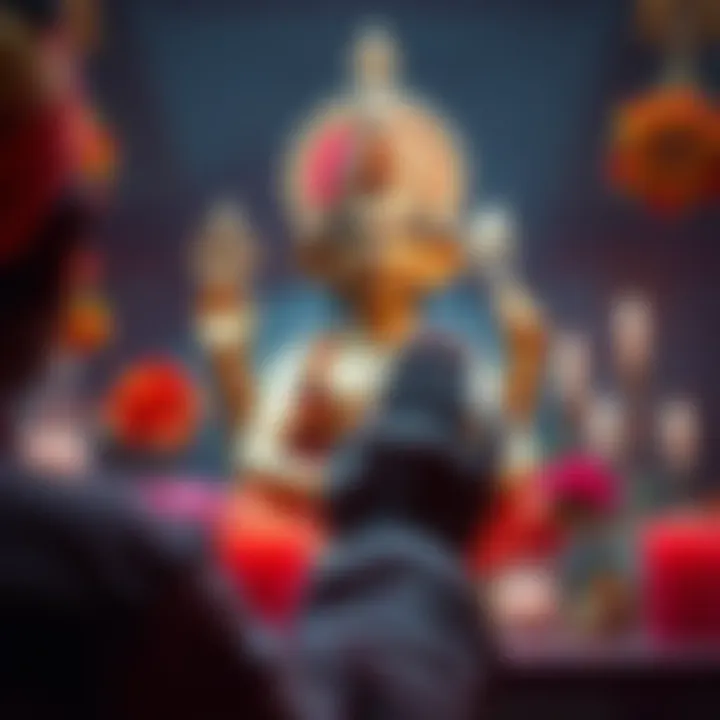 A person with folded hands praying to a statue of Hanuman Ji, surrounded by flowers and candles