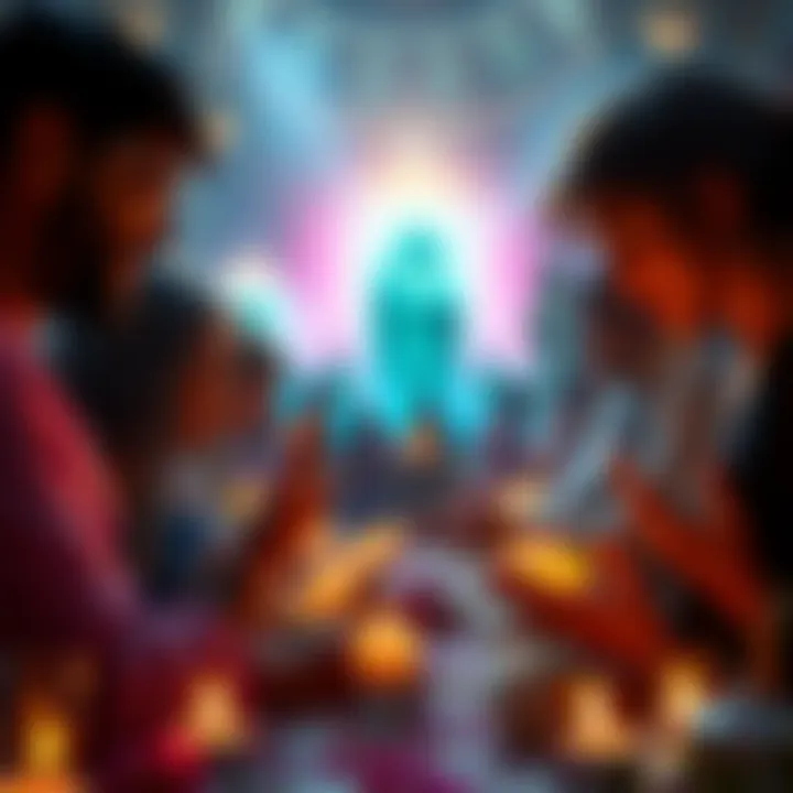 A group of people engaged in prayer and devotion, surrounded by candles and flowers, expressing joy and fulfillment in their connection to the divine.