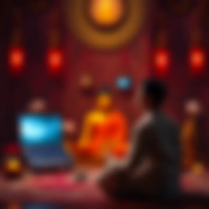 A person meditating while watching a Dhamma talk video on a laptop, surrounded by calming decorations