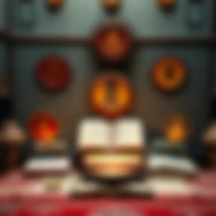 A collection of Dharma books with Buddhist symbols and a peaceful setup for meditation