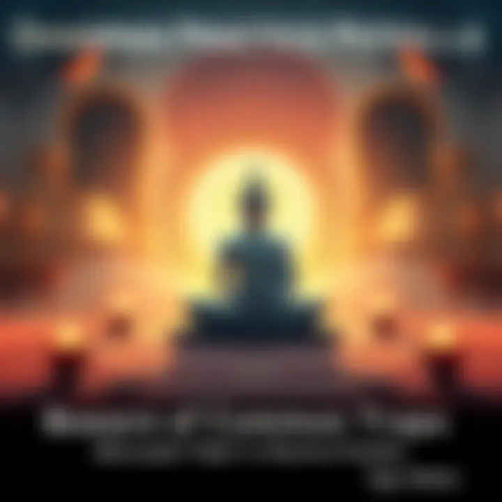 A serene figure meditating in a peaceful setting, surrounded by symbols of humility and learning, illustrating the journey of spiritual growth and the challenges of ego traps.