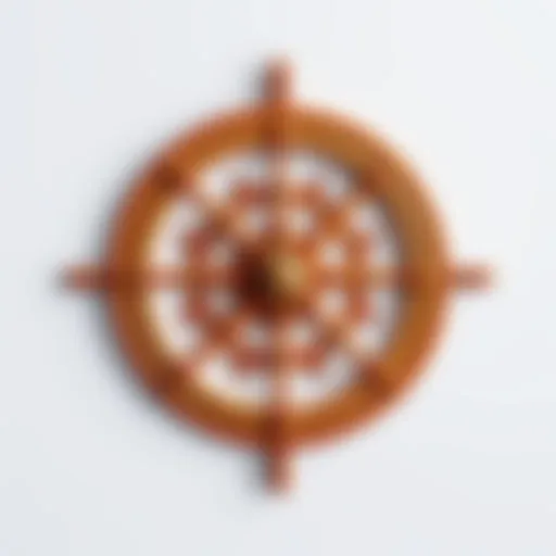 A detailed rendering of a dharma wheel with eight spokes, symbolizing Buddhist teachings, set against a plain background.
