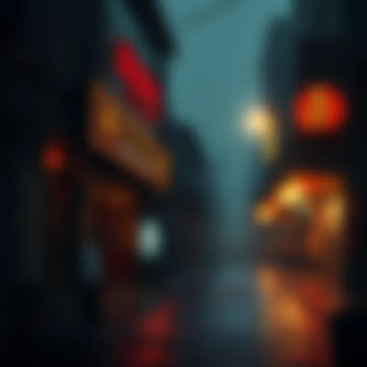 A shadowy street in Nanjing where the Diao Aiqing murder took place, with police tape and a somber atmosphere