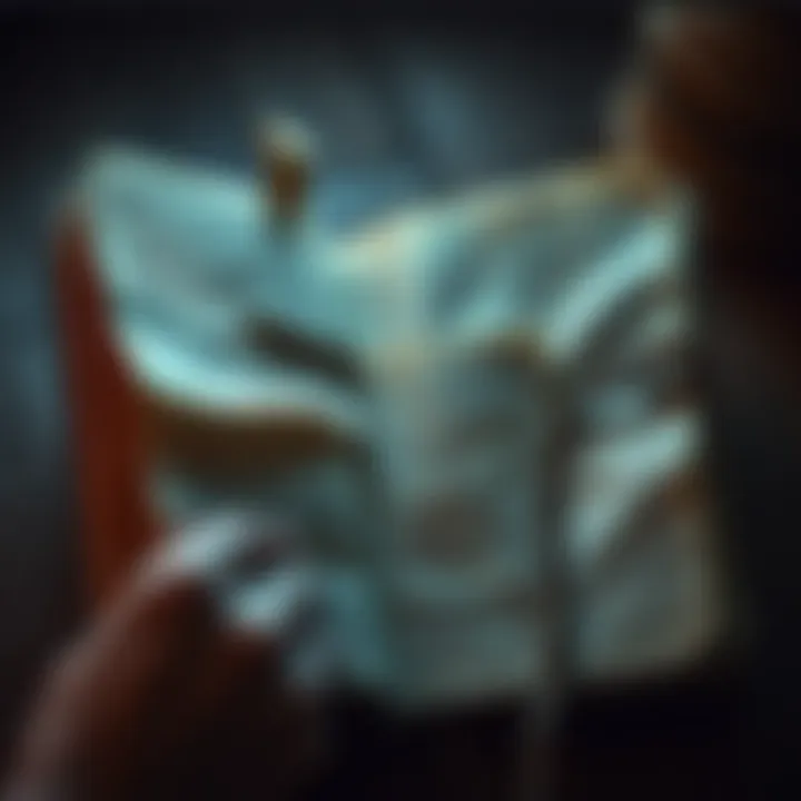 An open diary with handwritten notes showing coded entries about exploitation and trauma, with a somber atmosphere.