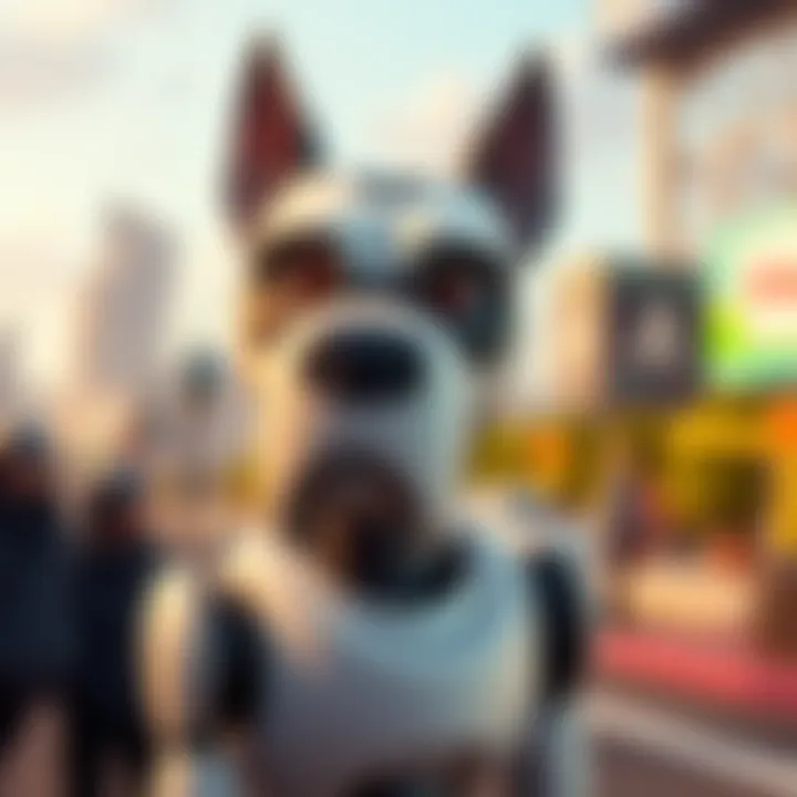 Diesel Springer, a robotic character with a bull terrier-like face, stands out in a colorful animated scene.