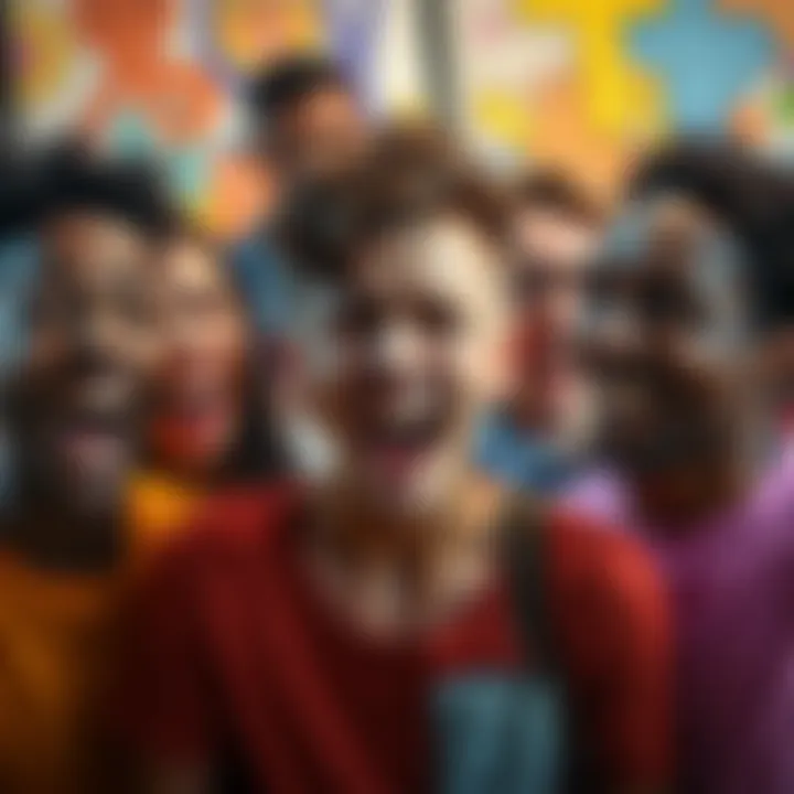 Different Emotions A diverse group of people expressing various emotions like joy, anger, and sadness in a colorful setting.