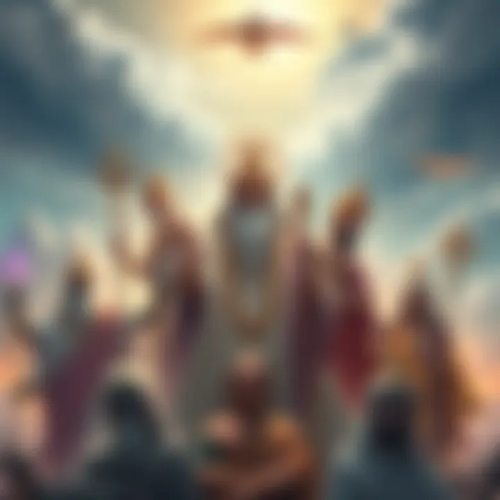 Different cultures and gods An illustration showing various gods from different cultures, symbolizing diverse beliefs in polytheism.