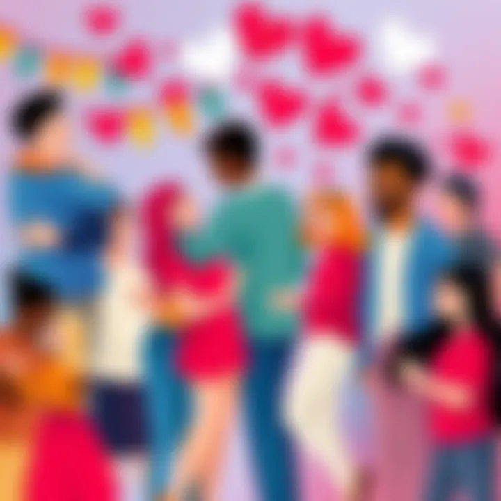 A colorful illustration showing various people expressing love in different ways, such as hugs, holding hands, and sharing smiles.