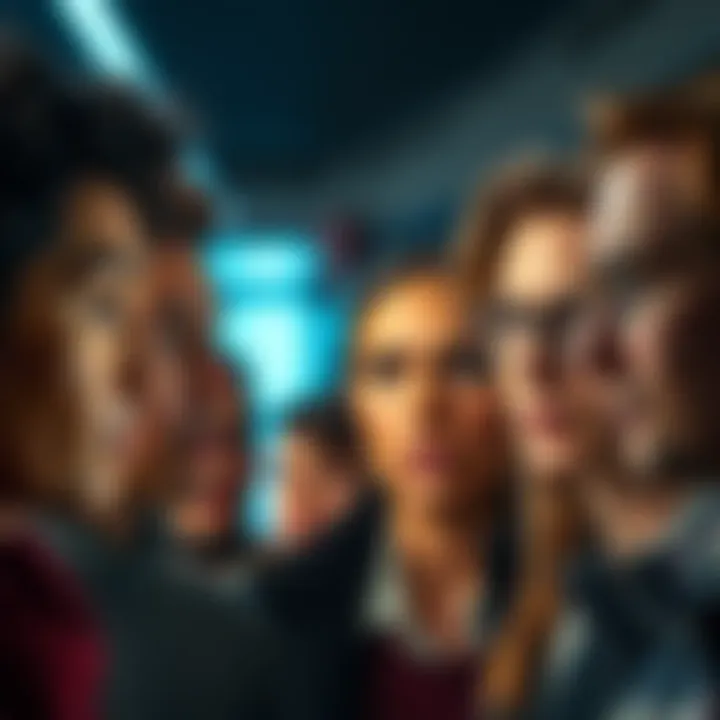 A diverse group of people looking at each other, showing varied expressions that reflect their unique perceptions.